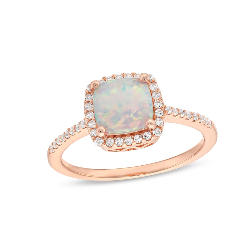 Main Image 1 of Cushion-Cut Opal and 1/5 CT. T.W. Diamond Frame Ring in 10K Rose Gold
