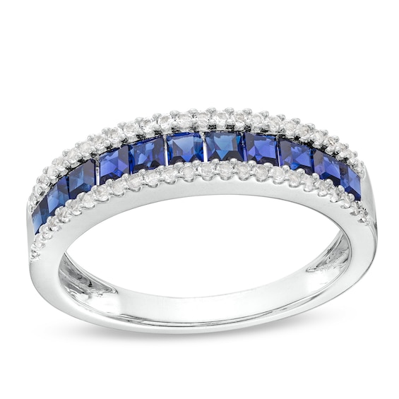 Princess-Cut Blue Lab-Created Sapphire and 1/4 CT. T.w. Diamond Border Triple Row Band in Sterling Silver