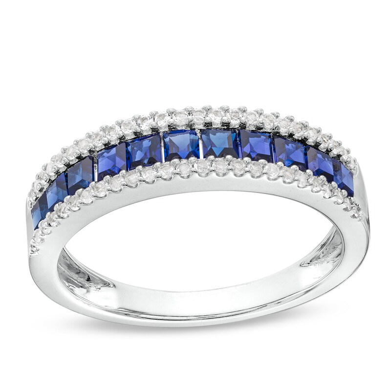 Main Image 1 of Princess-Cut Blue Lab-Created Sapphire and 1/4 CT. T.W. Diamond Border Triple Row Band in Sterling Silver