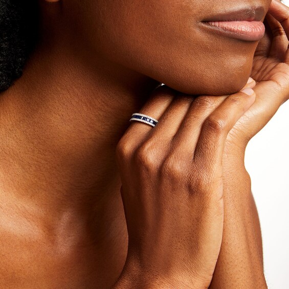 Princess-Cut Blue Lab-Created Sapphire and 1/4 CT. T.w. Diamond Border Triple Row Band in Sterling Silver
