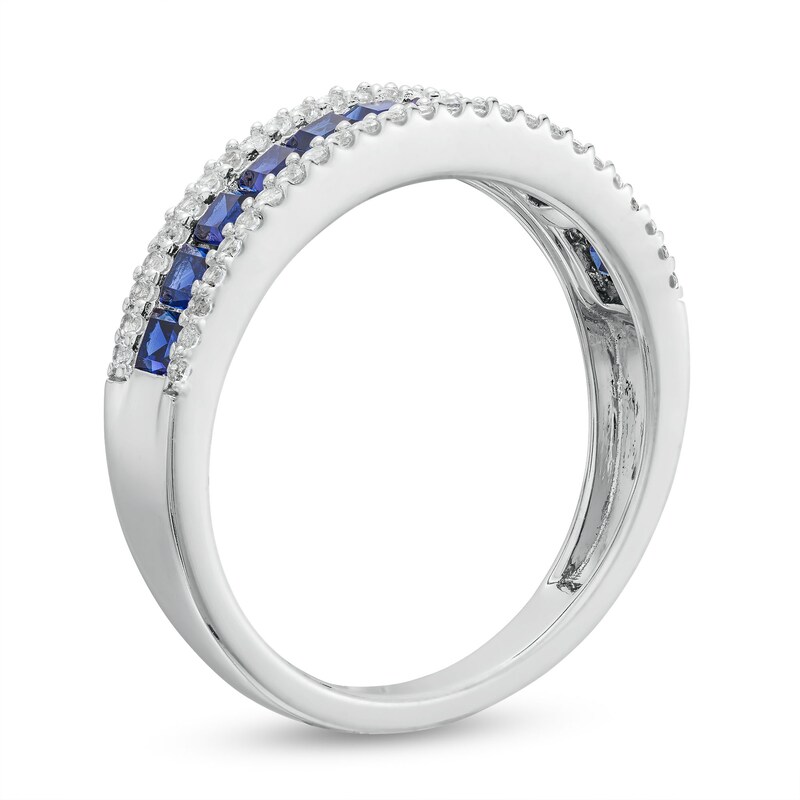 Main Image 3 of Princess-Cut Blue Lab-Created Sapphire and 1/4 CT. T.W. Diamond Border Triple Row Band in Sterling Silver