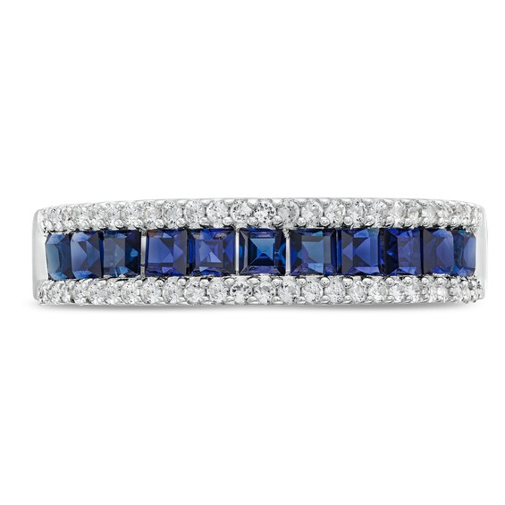 Princess-Cut Blue Lab-Created Sapphire and 1/4 CT. T.w. Diamond Border Triple Row Band in Sterling Silver