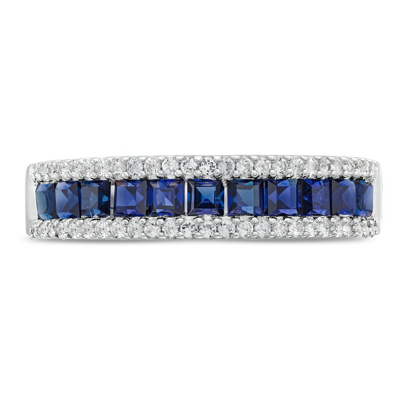 Main Image 4 of Princess-Cut Blue Lab-Created Sapphire and 1/4 CT. T.W. Diamond Border Triple Row Band in Sterling Silver