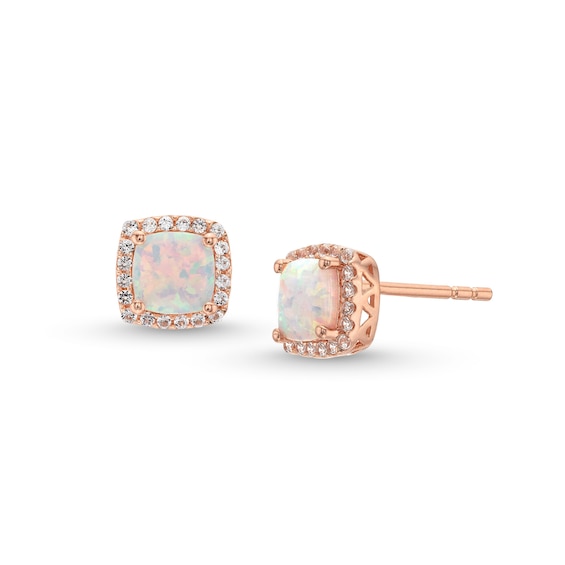 Cushion-Cut Opal and 1/6 CT. T.w. Diamond Frame Stud Earrings in 10K Rose Gold