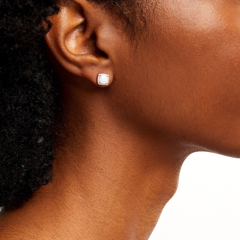 Main Image 2 of Cushion-Cut Opal and 1/6 CT. T.W. Diamond Frame Stud Earrings in 10K Rose Gold