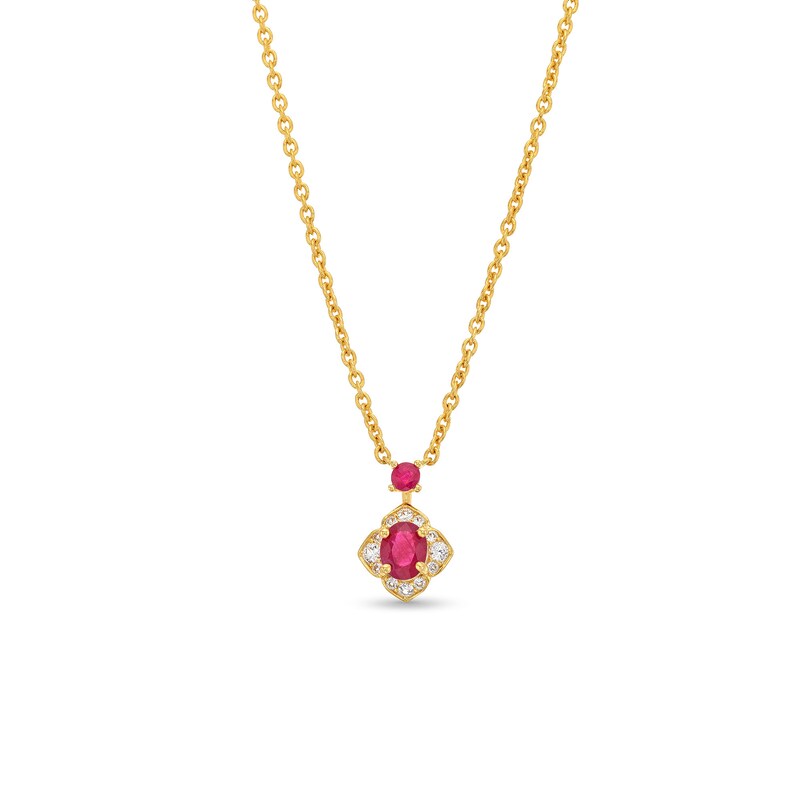Main Image 1 of Oval and Round Certified Ruby with 1/10 CT. T.W. Diamond Flower Frame Drop Pendant in 10K Gold - 17"