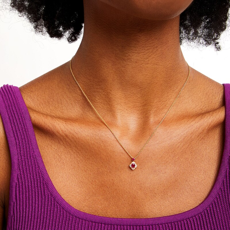 Main Image 2 of Oval and Round Certified Ruby with 1/10 CT. T.W. Diamond Flower Frame Drop Pendant in 10K Gold - 17"