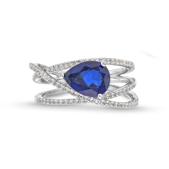 Pear-Shaped Blue and White Lab-Created Sapphire Orbit Ring in 10K White Gold