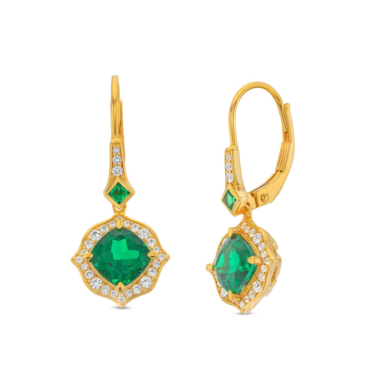 Cushion-Cut Lab-Created Emerald and 1/4 CT. T.W. Diamond Floral Drop Earrings in Sterling Silver with 14K Gold Plate