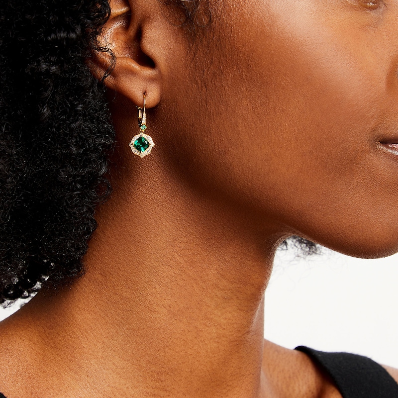 Cushion-Cut Lab-Created Emerald and 1/4 CT. T.W. Diamond Floral Drop Earrings in Sterling Silver with 14K Gold Plate