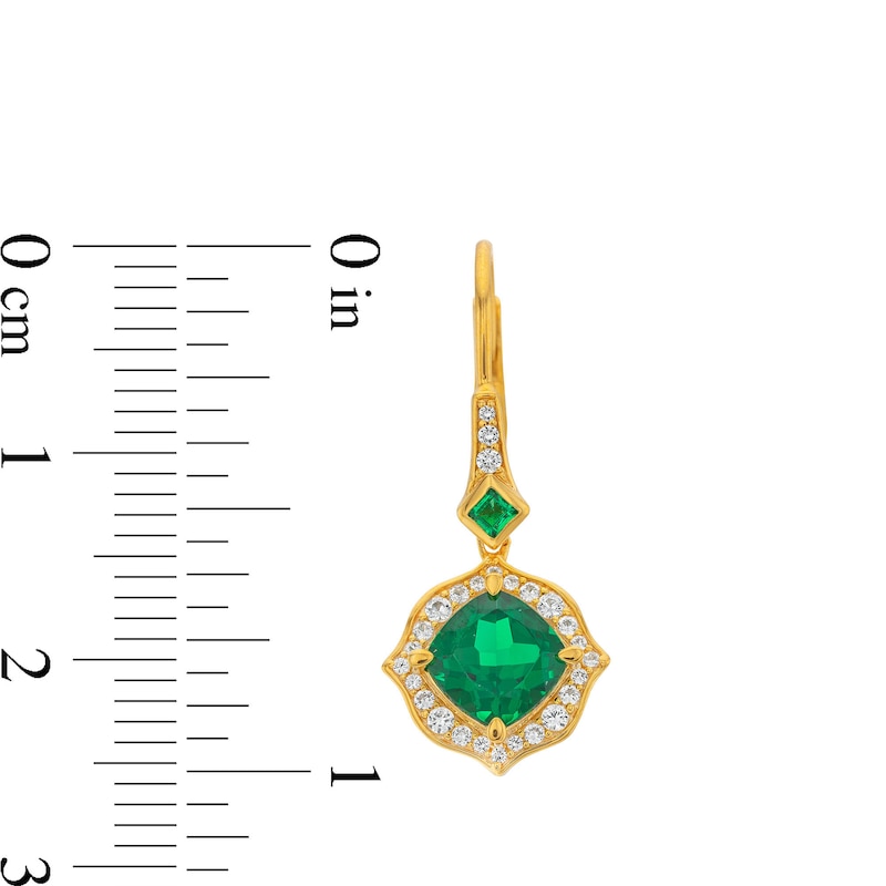 Cushion-Cut Lab-Created Emerald and 1/4 CT. T.W. Diamond Floral Drop Earrings in Sterling Silver with 14K Gold Plate