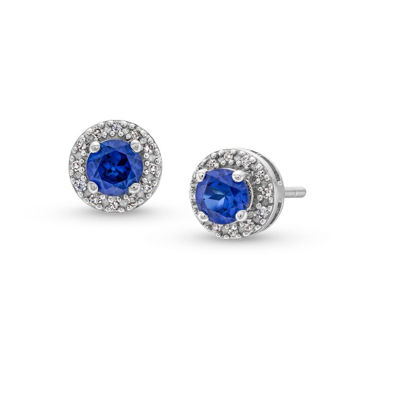 Main Image 1 of Blue Sapphire and 1/10 CT. T.W. Diamond Frame Stud Earrings in 10K White Gold