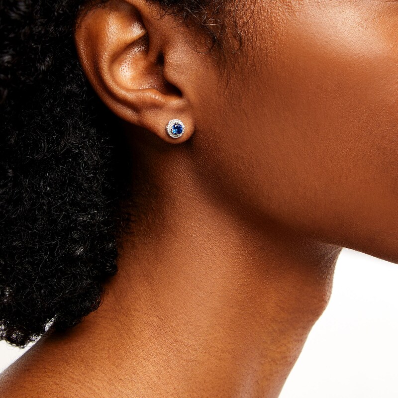 Main Image 2 of Blue Sapphire and 1/10 CT. T.W. Diamond Frame Stud Earrings in 10K White Gold
