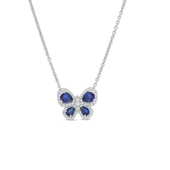 Pear-Shaped Blue Lab-Created Sapphire and 1/4 CT. T.w. Diamond Butterfly Necklace in Sterling Silver - 17"