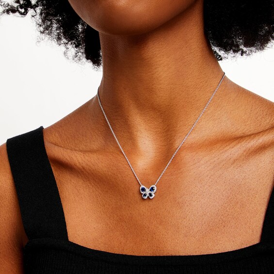 Pear-Shaped Blue Lab-Created Sapphire and 1/4 CT. T.w. Diamond Butterfly Necklace in Sterling Silver - 17"