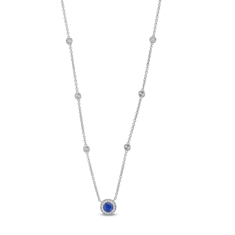 Main Image 1 of Blue Sapphire and 1/8 CT. T.W. Diamond Frame Station Necklace in Sterling Silver - 17"