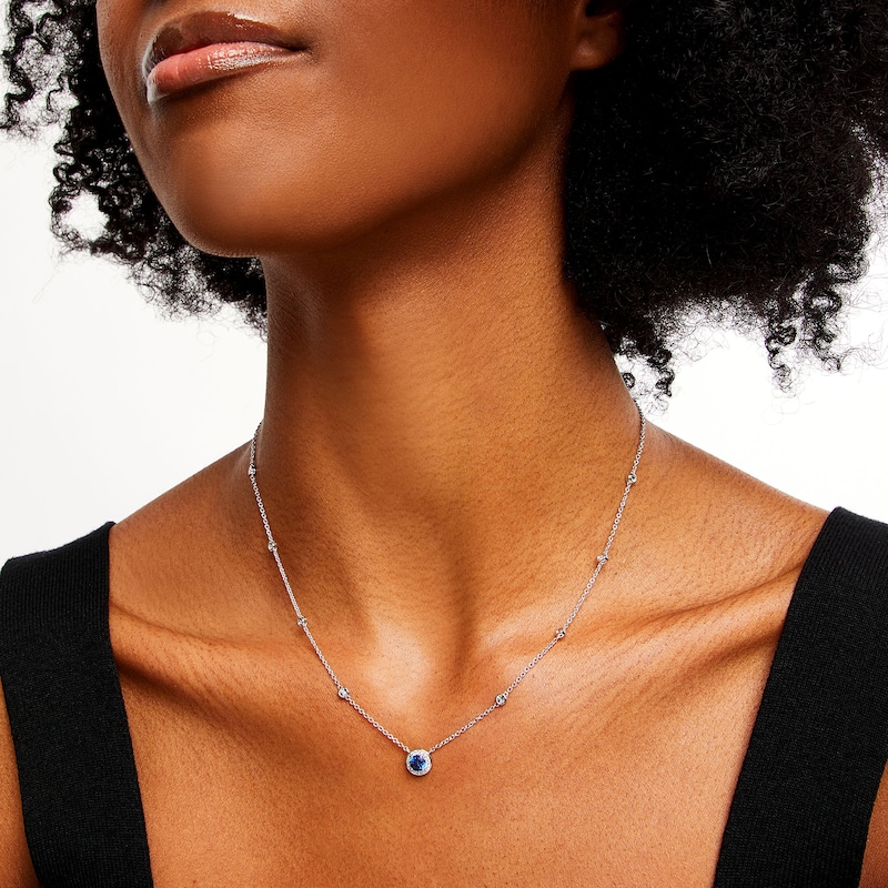 Main Image 2 of Blue Sapphire and 1/8 CT. T.W. Diamond Frame Station Necklace in Sterling Silver - 17"