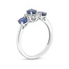 Thumbnail Image 2 of Oval Blue Lab-Created Sapphire and 1/8 CT. T.W. Diamond Starburst Frame Three Stone Ring in 10K White Gold