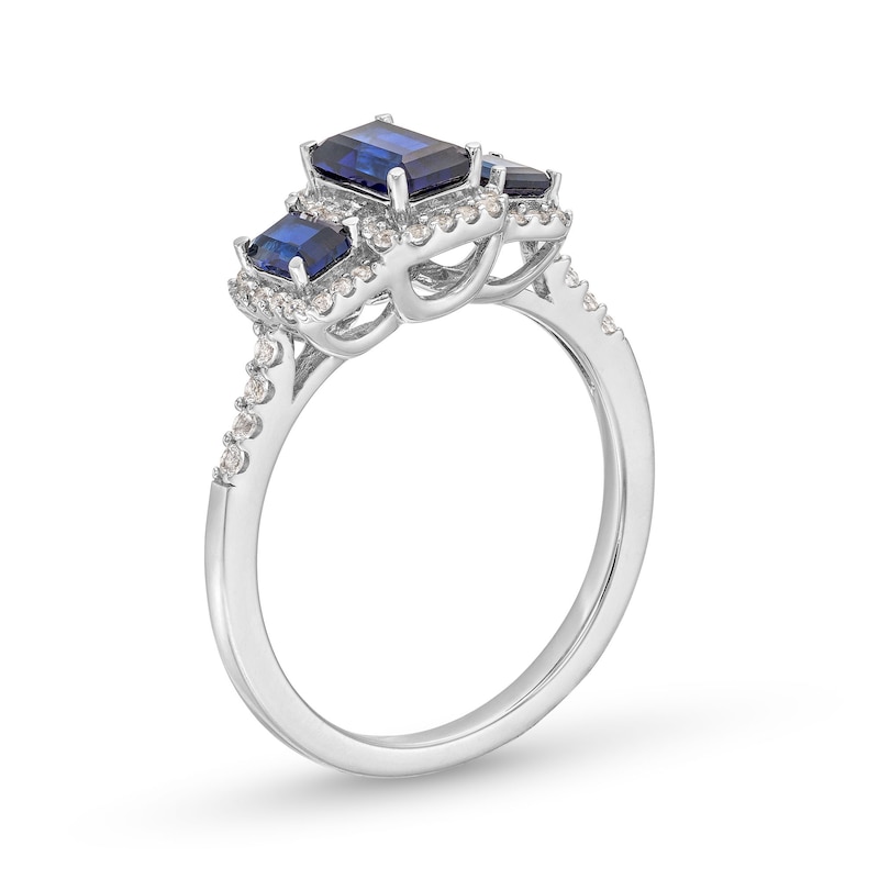 Emerald-Cut Blue Lab-Created Sapphire and 1/4 CT. T.W. Diamond Frame Three Stone Ring in 10K White Gold