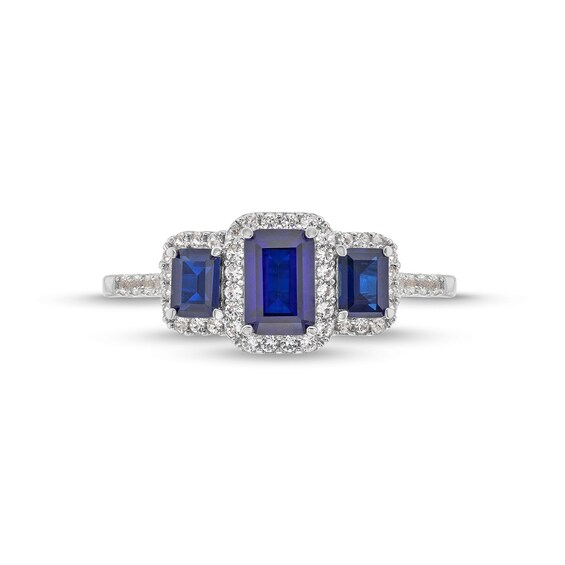 Emerald-Cut Blue Lab-Created Sapphire and 1/4 CT. T.w. Diamond Frame Three Stone Ring in 10K White Gold