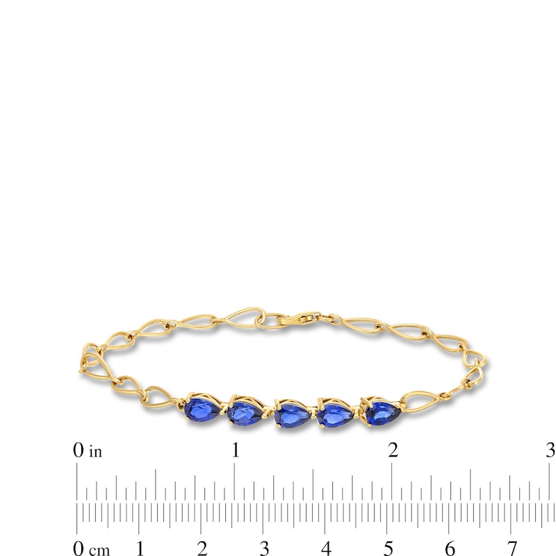 Main Image 4 of Pear-Shaped Ceylon Blue Lab-Created Sapphire Five Stone Link Chain Bracelet in 10K Gold - 7.25"