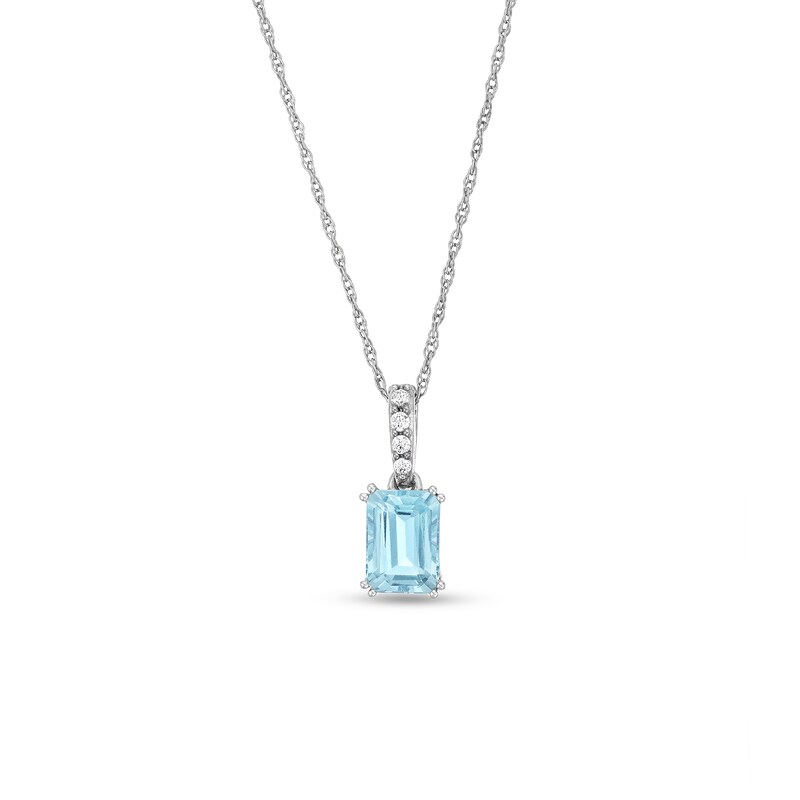 Emerald-Cut Aquamarine and 1/20 CT. T.W. Diamond Drop Pendant in 10K White Gold|Zales