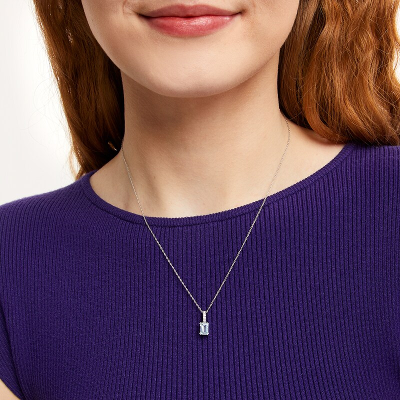 Main Image 2 of Emerald-Cut Aquamarine and 1/20 CT. T.W. Diamond Drop Pendant in 10K White Gold