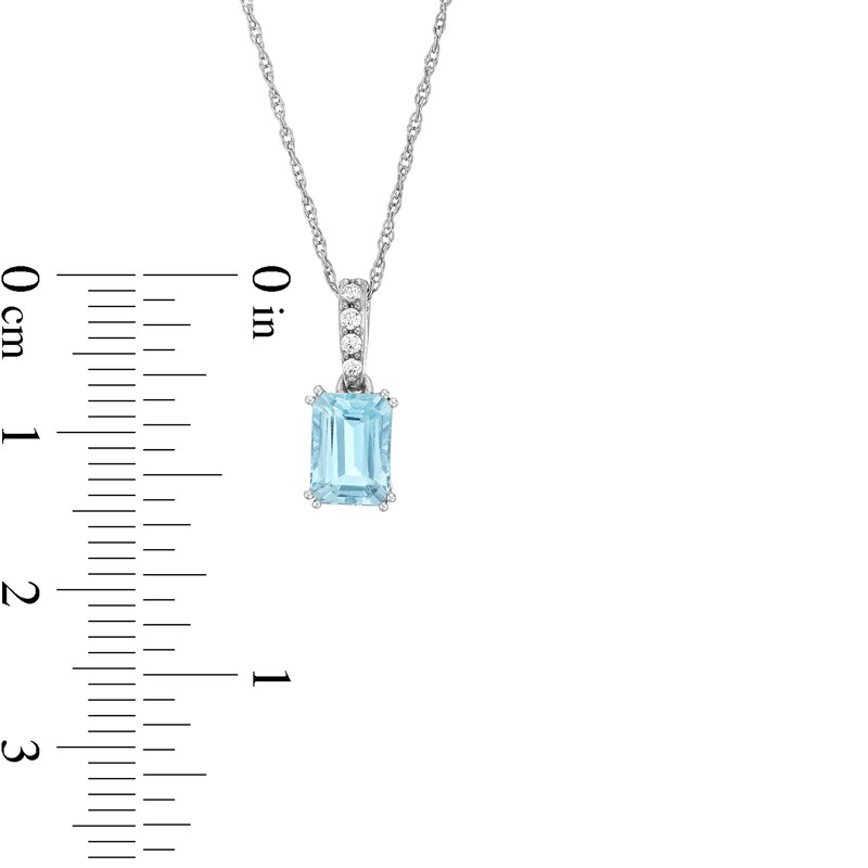 Main Image 3 of Emerald-Cut Aquamarine and 1/20 CT. T.W. Diamond Drop Pendant in 10K White Gold