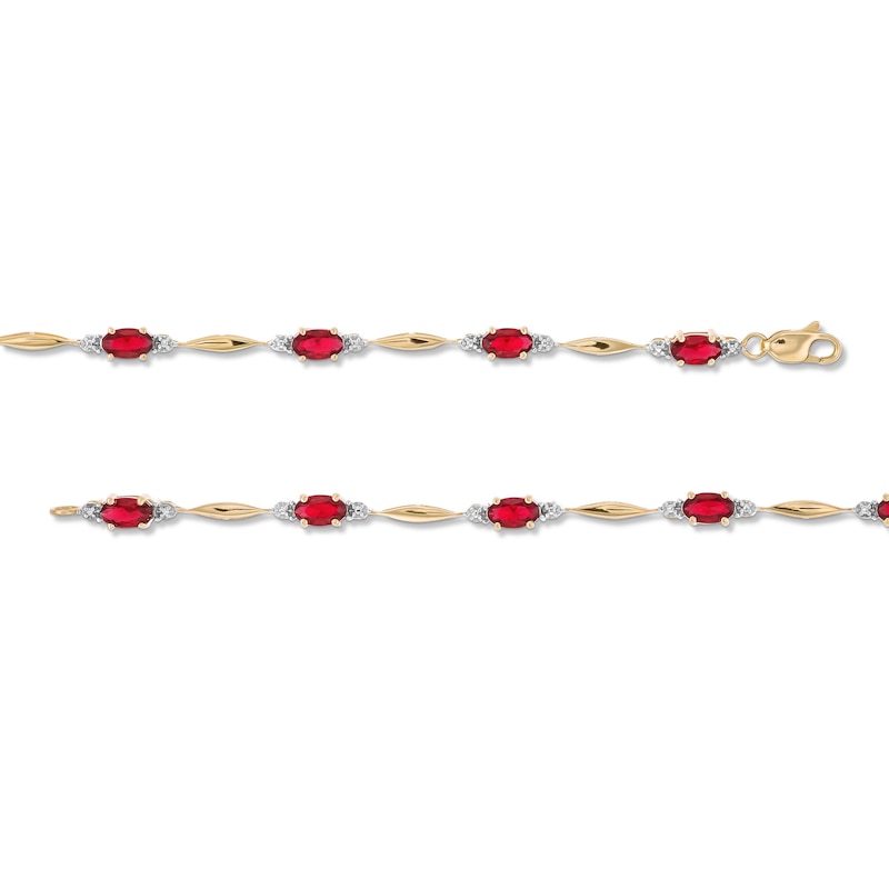 Oval Lab-Created Ruby, Diamond Accent and Rice Bead Alternating Bracelet in 10K Gold - 7.25"