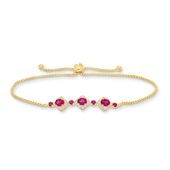 Oval Certified Ruby and 1/5 CT. T.w. Diamond Flower Frame Three Stone Bolo Bracelet in 10K Gold - 9"