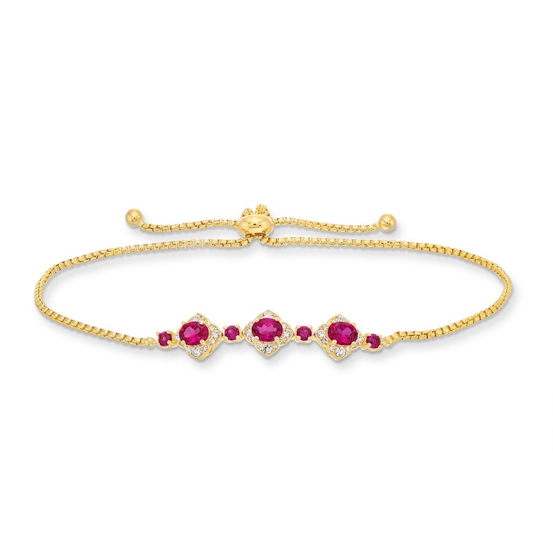 Oval Certified Ruby and 1/5 CT. T.W. Diamond Flower Frame Three Stone Bolo Bracelet in 10K Gold - 9"