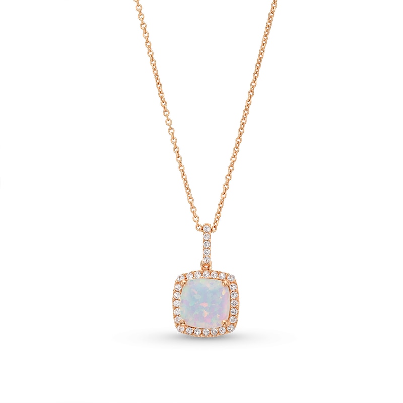 Main Image 1 of Cushion-Cut Opal and 1/6 CT. T.W. Diamond Frame Pendant in 10K Rose Gold