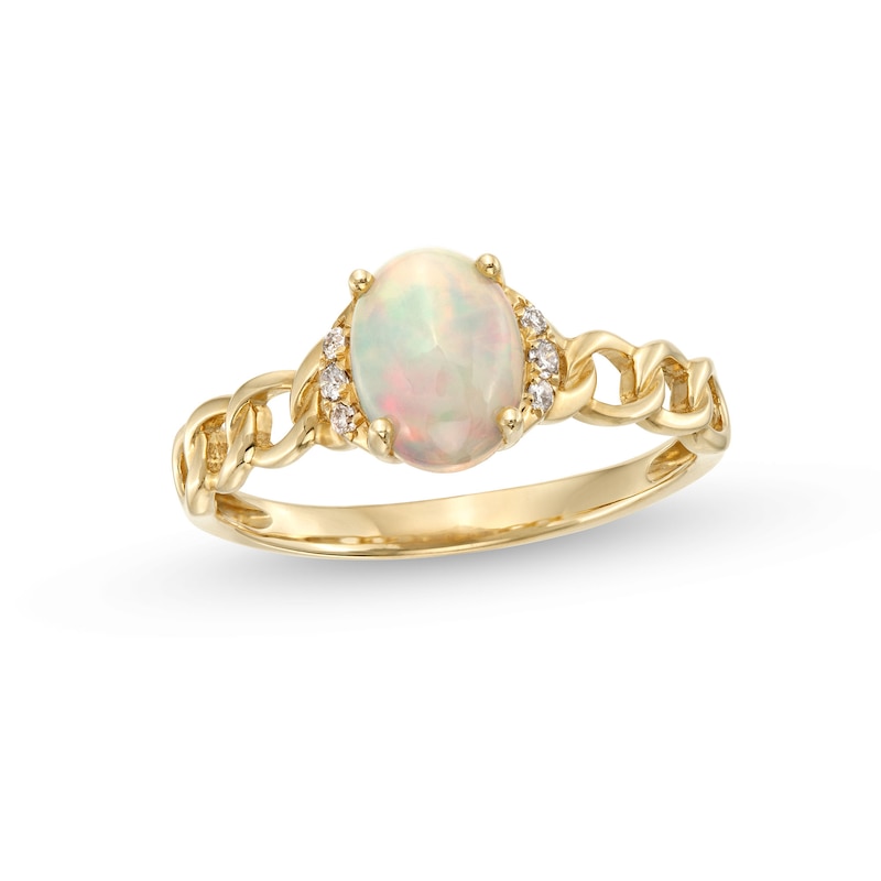 Oval Opal and 1/20 CT. T.W. Diamond Collar Curb Chain Shank Ring in 10K Gold