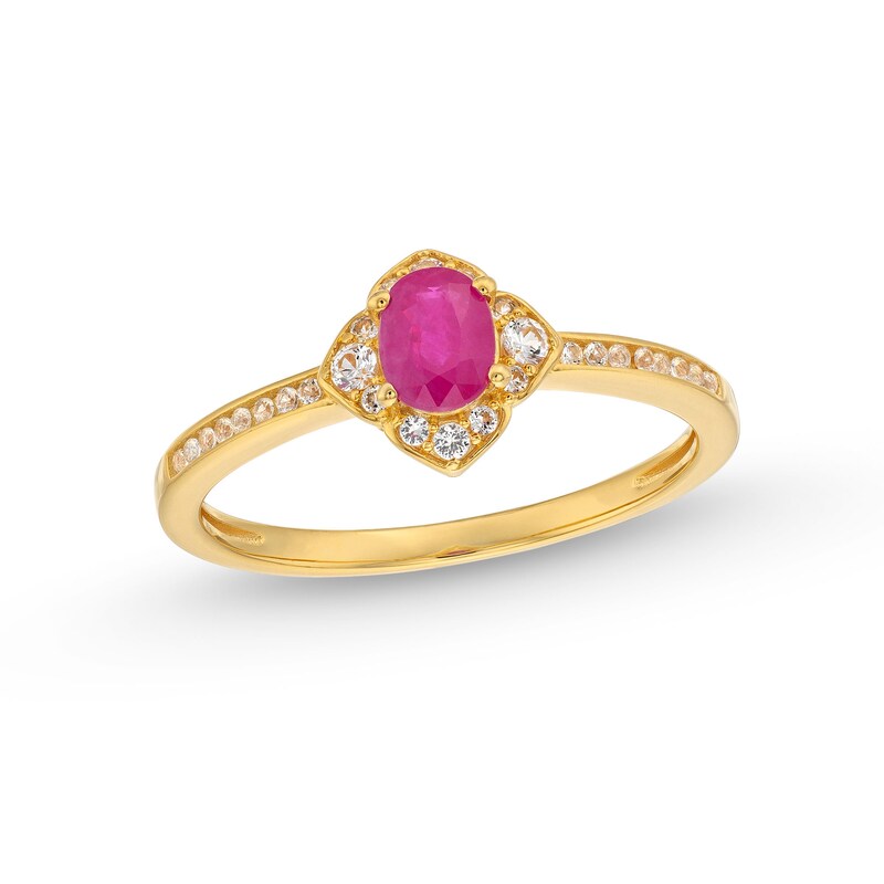 Main Image 1 of Oval Certified Ruby and 1/6 CT. T.W. Diamond Flower Frame Ring in 10K Gold