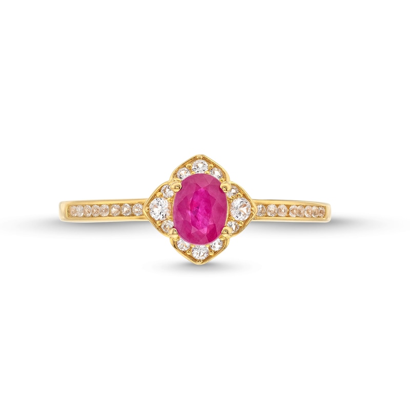 Main Image 4 of Oval Certified Ruby and 1/6 CT. T.W. Diamond Flower Frame Ring in 10K Gold
