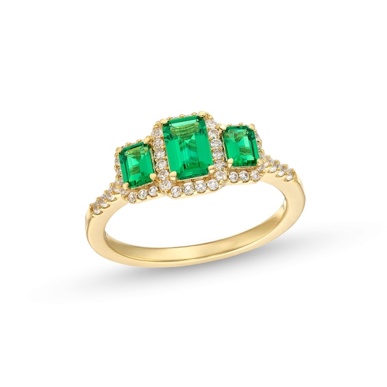 Emerald-Cut Lab-Created Emerald and 1/4 CT. T.w. Diamond Frame Three Stone Ring in 10K Gold