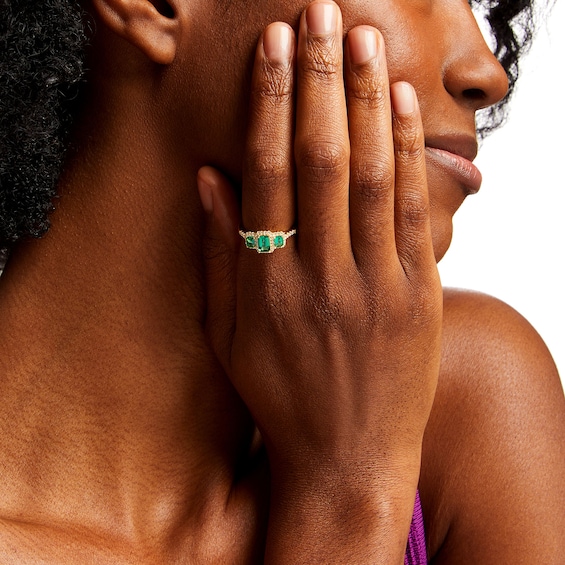 Emerald-Cut Lab-Created Emerald and 1/4 CT. T.w. Diamond Frame Three Stone Ring in 10K Gold