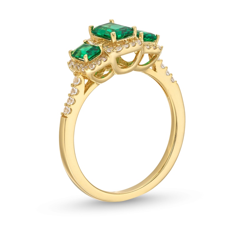 Emerald-Cut Lab-Created Emerald and 1/4 CT. T.W. Diamond Frame Three Stone Ring in 10K Gold