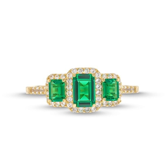 Emerald-Cut Lab-Created Emerald and 1/4 CT. T.w. Diamond Frame Three Stone Ring in 10K Gold