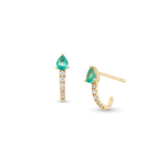 Pear-Shaped Emerald and 1/15 CT. T.w. Diamond J-Hoop Earrings in 10K Gold