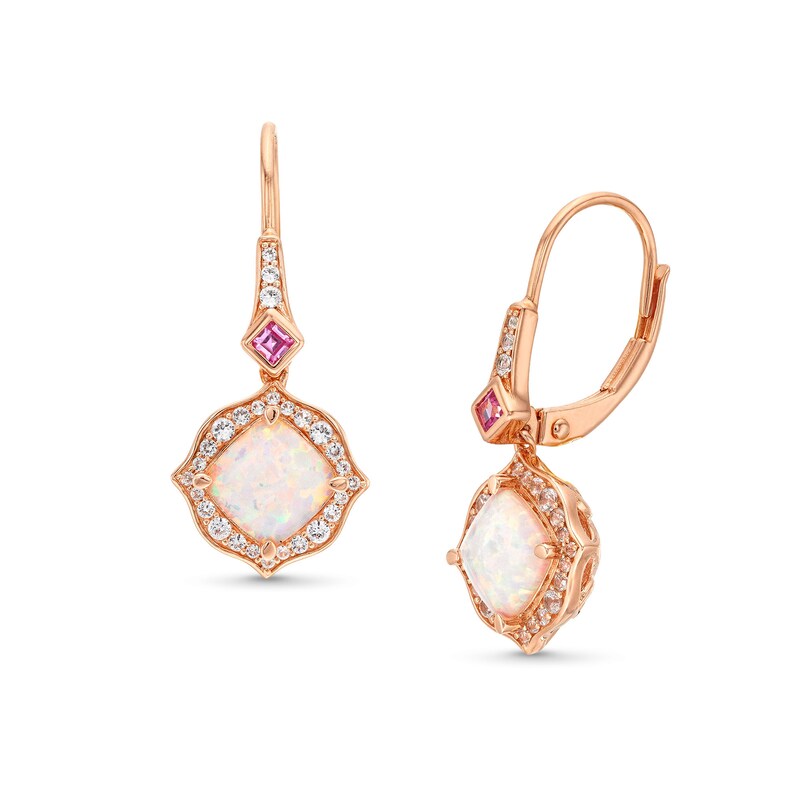 Main Image 1 of Cushion-Cut Lab-Created Opal, Pink Lab-Created Sapphire and 1/4 CT. T.W. Diamond Floral Drop Earrings in 10K Rose Gold