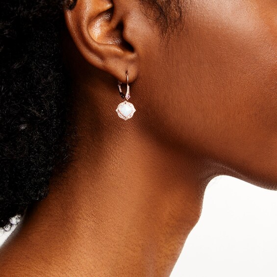 Cushion-Cut Lab-Created Opal, Pink Lab-Created Sapphire and 1/4 CT. T.w. Diamond Floral Drop Earrings in 10K Rose Gold