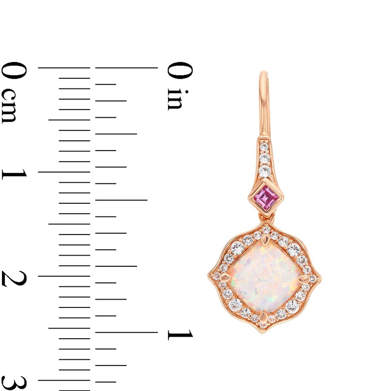 Main Image 3 of Cushion-Cut Lab-Created Opal, Pink Lab-Created Sapphire and 1/4 CT. T.W. Diamond Floral Drop Earrings in 10K Rose Gold