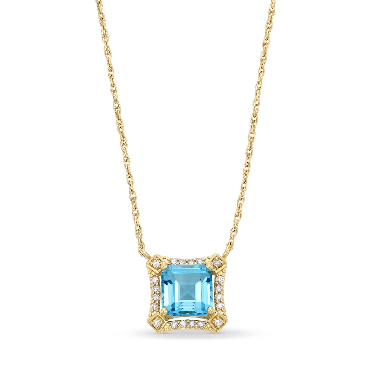 Asscher-Cut London Blue Topaz and 1/10 CT. T.W. Diamond Concave Frame Necklace in 10K Gold