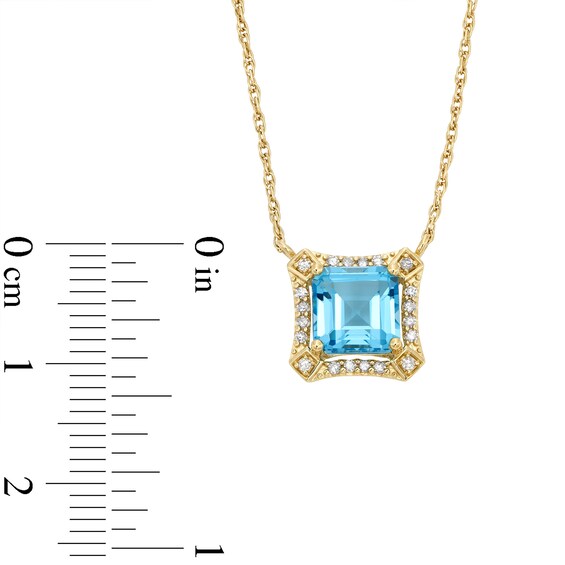 Asscher-Cut London Blue Topaz and 1/10 CT. T.w. Diamond Concave Frame Necklace in 10K Gold