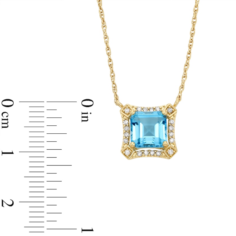 Asscher-Cut London Blue Topaz and 1/10 CT. T.W. Diamond Concave Frame Necklace in 10K Gold