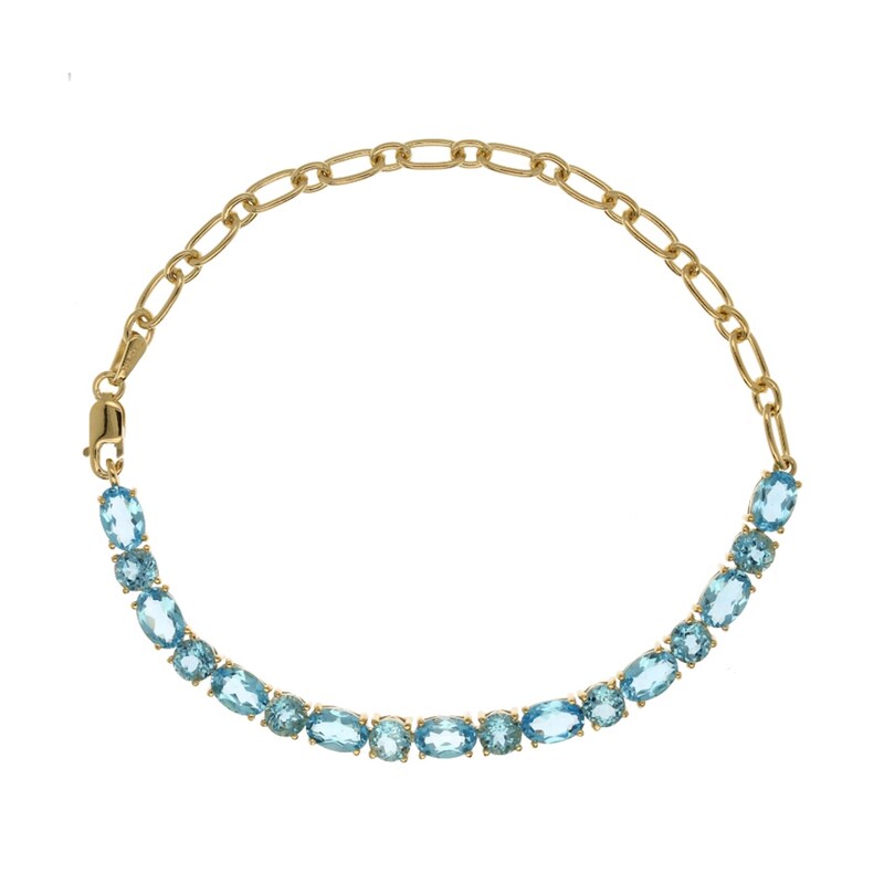 Oval and Round Swiss Blue Topaz with Paper Clip Chain Half-and-Half Bracelet in 10K Gold - 7.25"