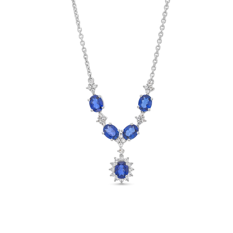 Oval Blue Lab-Created Sapphire and 1/4 CT. T.W. Diamond Five Stone "Y" Necklace in 10K White Gold - 17"