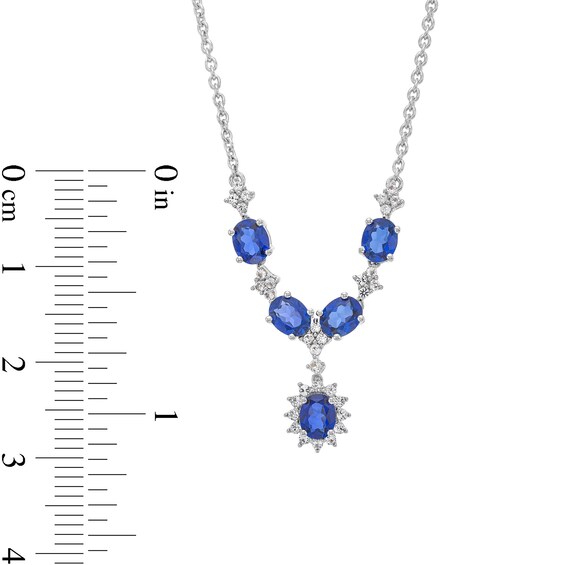 Oval Blue Lab-Created Sapphire and 1/4 CT. T.w. Diamond Five Stone "Y" Necklace in 10K White Gold - 17"