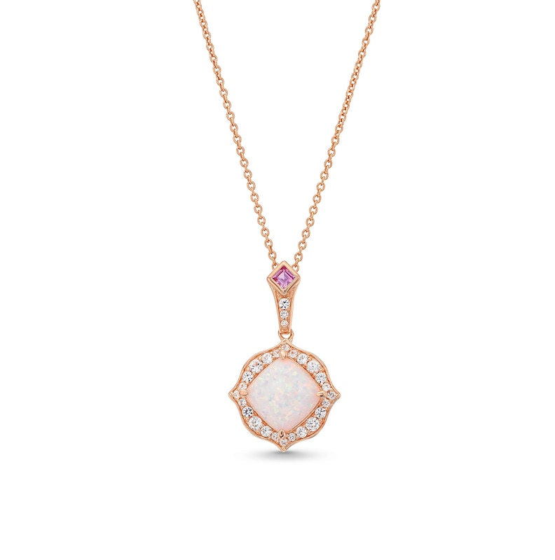 Main Image 1 of Cushion-Cut Lab-Created Opal, Pink Lab-Created Sapphire and 1/5 CT. T.W. Diamond Floral Drop Pendant in 10K Rose Gold